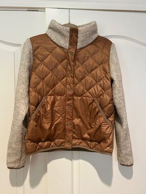 Cooperative Quilted Puffer Jacket in Brown with Cream Sherpa Sleeves
